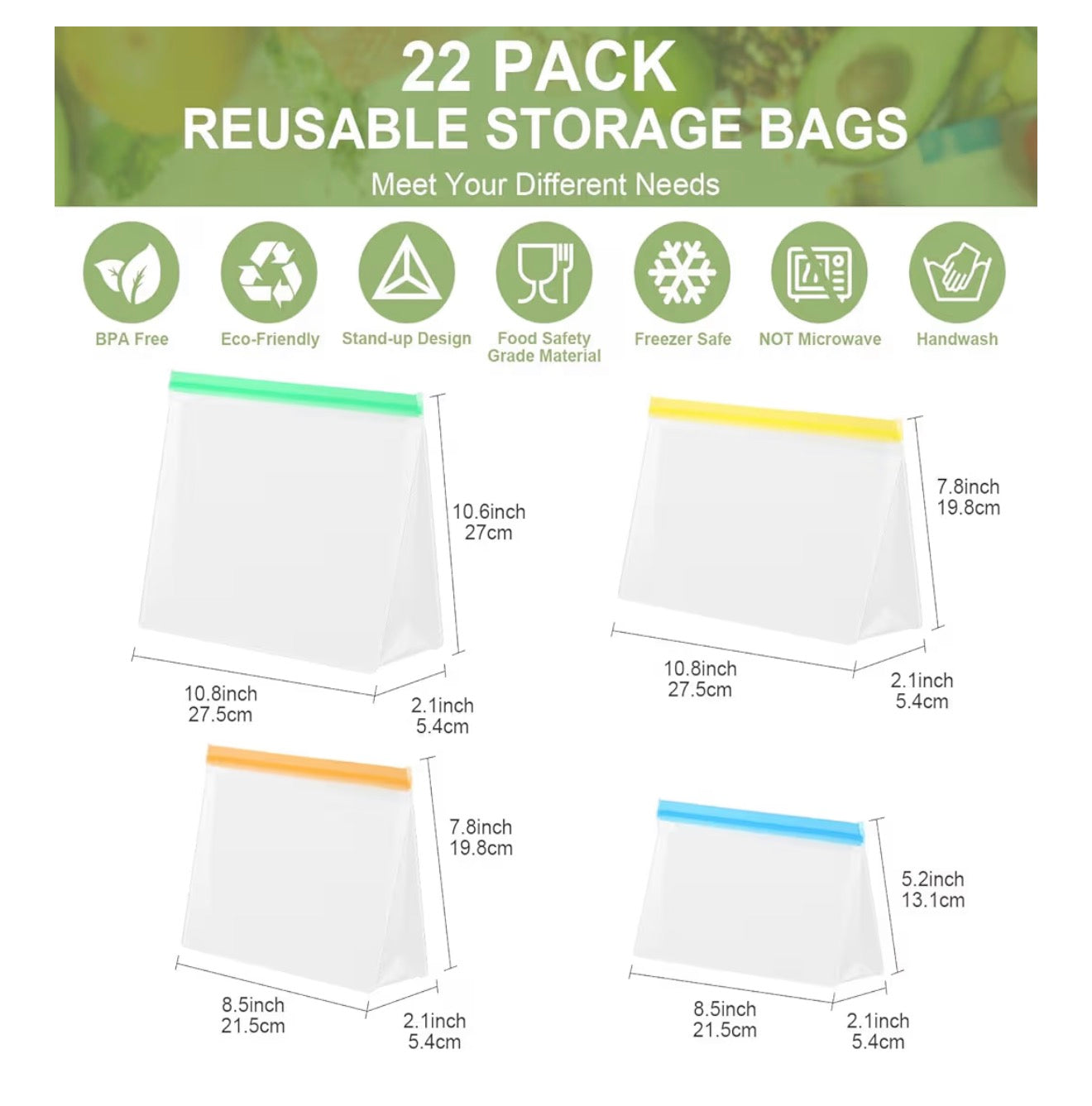 22 Pack Reusable Freezer Bags - Extra Thick Silicone Food Bags for Storage,Stand-up Reusable Food Pouches, BPA Free Ziplock Food Bags for Lunch, Sandwich, Meal Prep, Snack