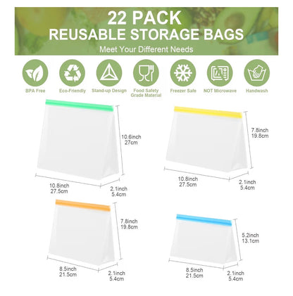 22 Pack Reusable Freezer Bags - Extra Thick Silicone Food Bags for Storage,Stand-up Reusable Food Pouches, BPA Free Ziplock Food Bags for Lunch, Sandwich, Meal Prep, Snack
