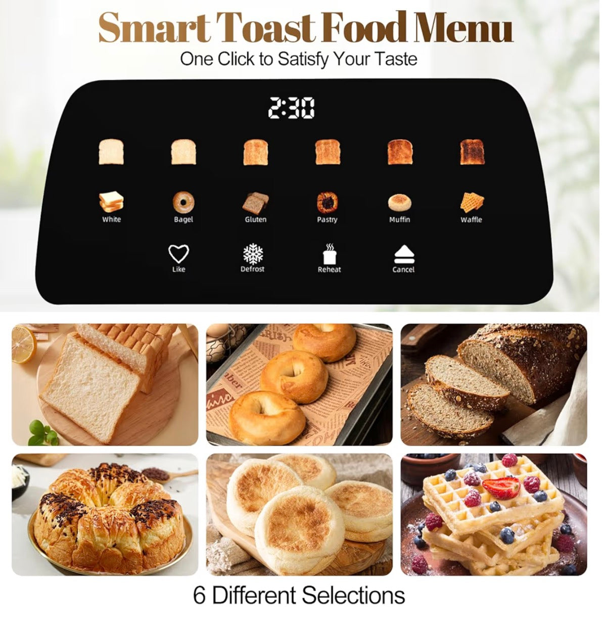 Tesslux 4 Slice Toaster with Touch Screen Control, 1.5" Wide Long Slots, 6 Browning Levels & 6 Bread Types, Digital Timer, Memory, Defrost, Reheat (Black)