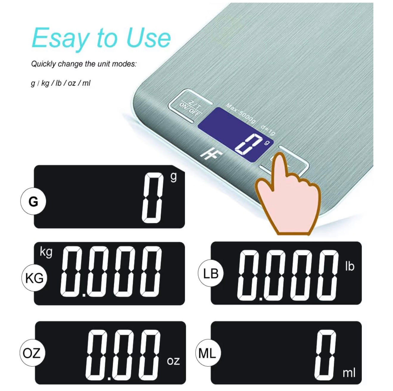 HomeFashion 5kg 1g 11lb Digital Kitchen Scales Food Scale with stainless steel Platform Electronic Cooking Backlit LCD Display Multifunction for Home and Office Use