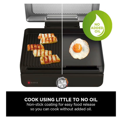 Sizzle Low Smoke Electric Indoor Grill & Flat Plate, 1460W, with Non-Stick Grill Plate & Flat Top Plate, Detachable Dishwasher Safe Lid, Grease Catch & Recipe Guide, Grey GR101UK