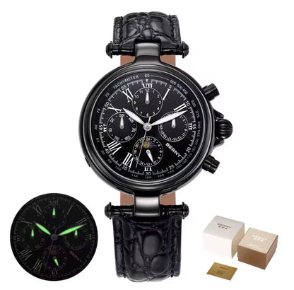 BERNY Retro Automatic Men's Watch Sun&Moon Phase Luminous ST1652 Classic Genuine Leather Luxury Mechanical Men's Dress Watches