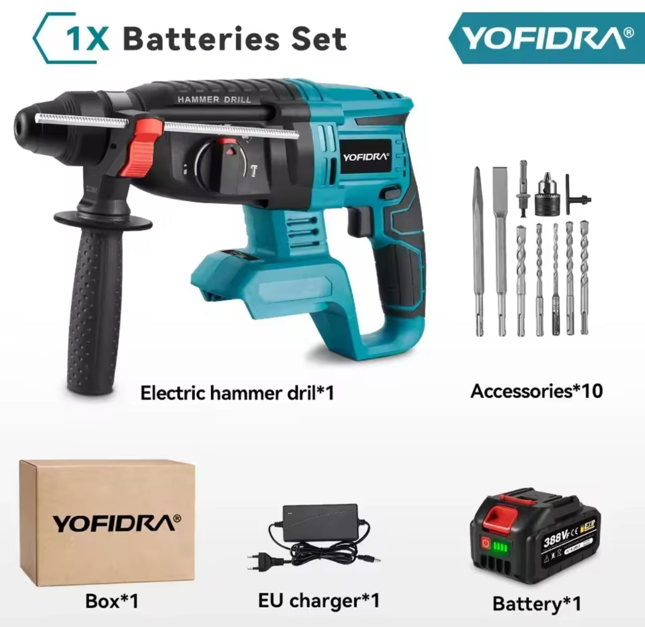 YOFIDRA 26mm Brushless Electric Hammer Drill – Cordless Multifunctional Rotary Tool, Rechargeable, Compatible with Makita Batteries