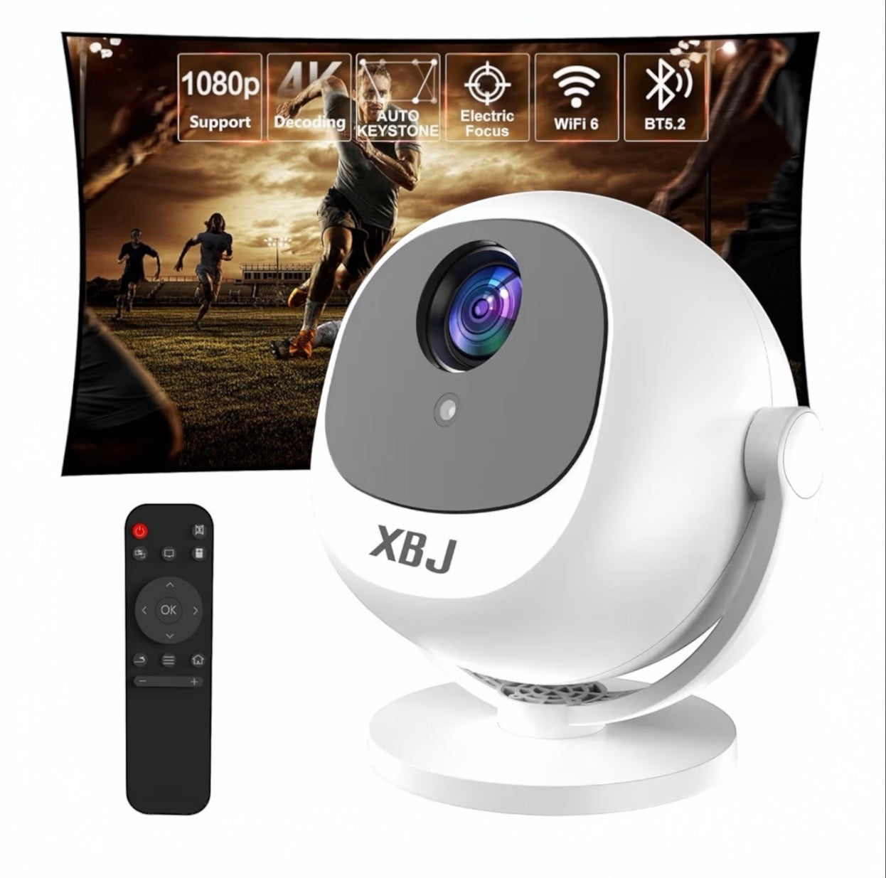 XBJ 360 Portable Projector, Support 4K 1080P 300 ANSI Mini Projector with Wifi and Bluetooth, Auto Keystone Movie Projector, Proyector Portátil, Perfect for Movie Nights, White