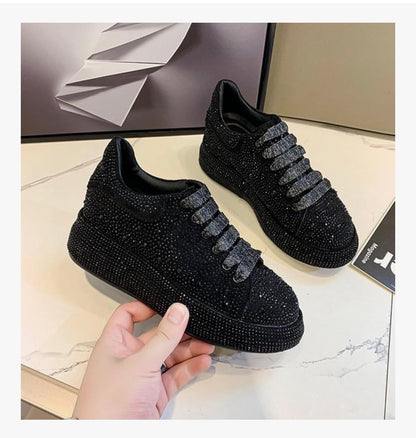 Ulalaza Women's Rhinestone Thick Shoes Sweet Bling Fashionable Casual Sports Comfortable for Wedding Party PU Platform Dress Shiny Tennis Sneakers