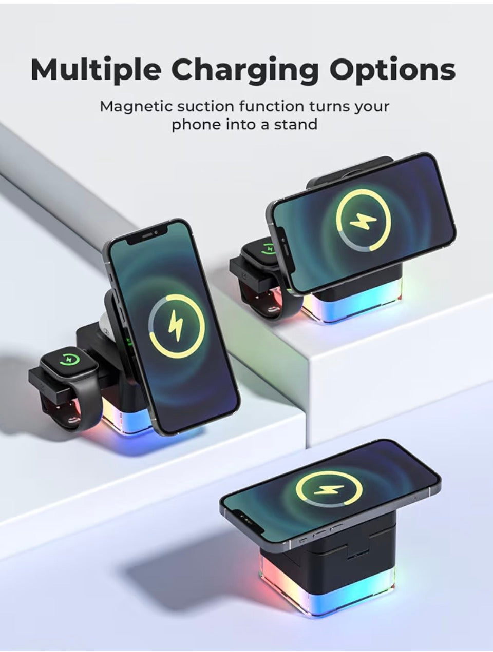 4 in 1 Wireless Charging Station for Apple with Night Light, Foldable 3 in 1 Iphone/Watch/AirPods Charger Stand 15W (6.8 * 6.8 * 6.8cm)