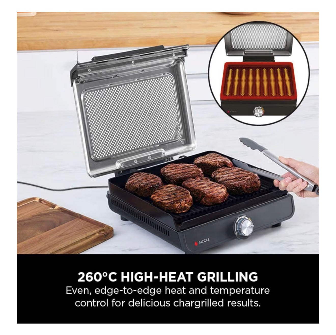 Sizzle Low Smoke Electric Indoor Grill & Flat Plate, 1460W, with Non-Stick Grill Plate & Flat Top Plate, Detachable Dishwasher Safe Lid, Grease Catch & Recipe Guide, Grey GR101UK