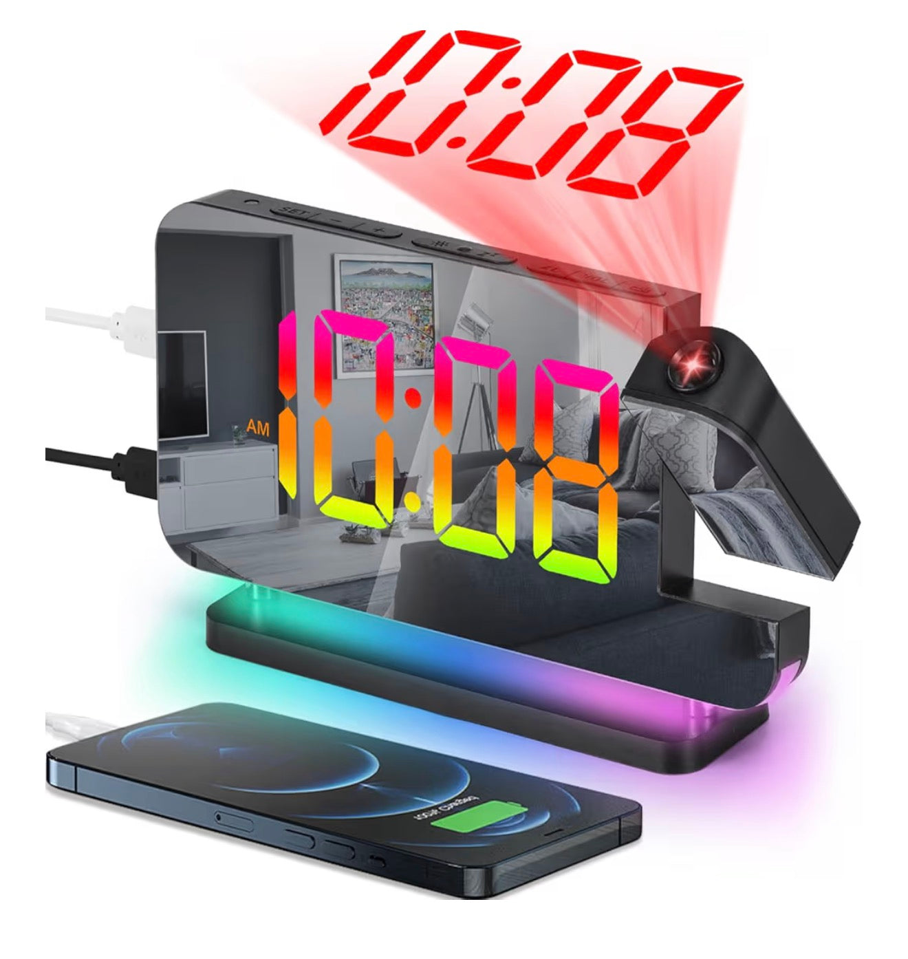 SZELAM Projection Alarm Clock,7.4 in LED Mirror Digital Clocks Projection on Ceiling Wall,with RGB Night Light,USB C Charging Port,Auto Dimming,Modern Desk Clock for Bedroom Decor - Rose Gold