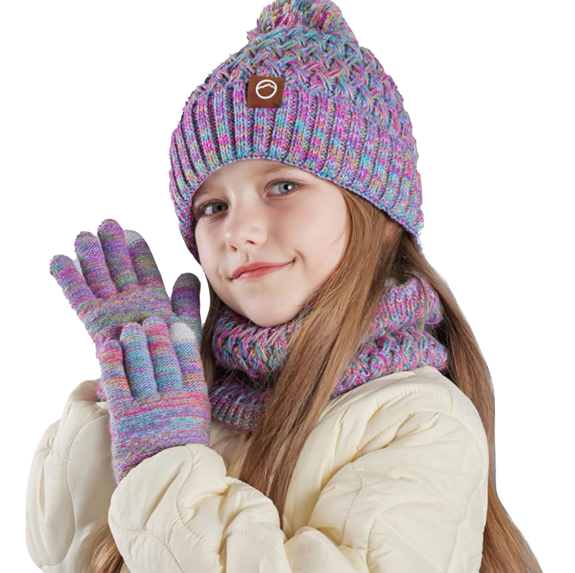 Kids Winter Hat Scarf and Gloves Set,Warm Thermal Knitted Beanie Cap Snood Neck Warmer Touchscreen Mitten with Soft Fleece Lining for Girls Boys Age 4-10