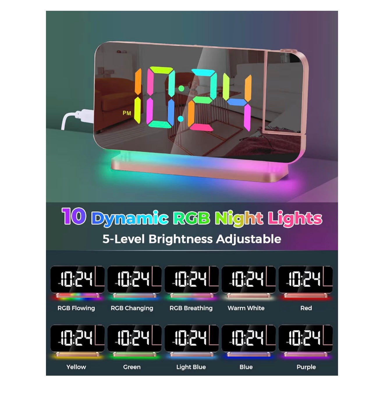 SZELAM Projection Alarm Clock,7.4 in LED Mirror Digital Clocks Projection on Ceiling Wall,with RGB Night Light,USB C Charging Port,Auto Dimming,Modern Desk Clock for Bedroom Decor - Rose Gold