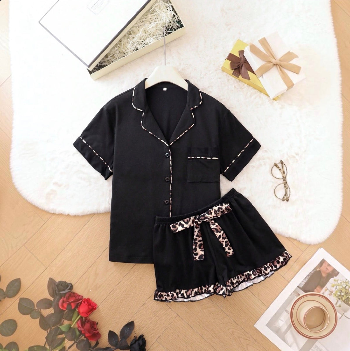 Women’s Leopard Print Pyjama Set | Button Front Top and Shorts