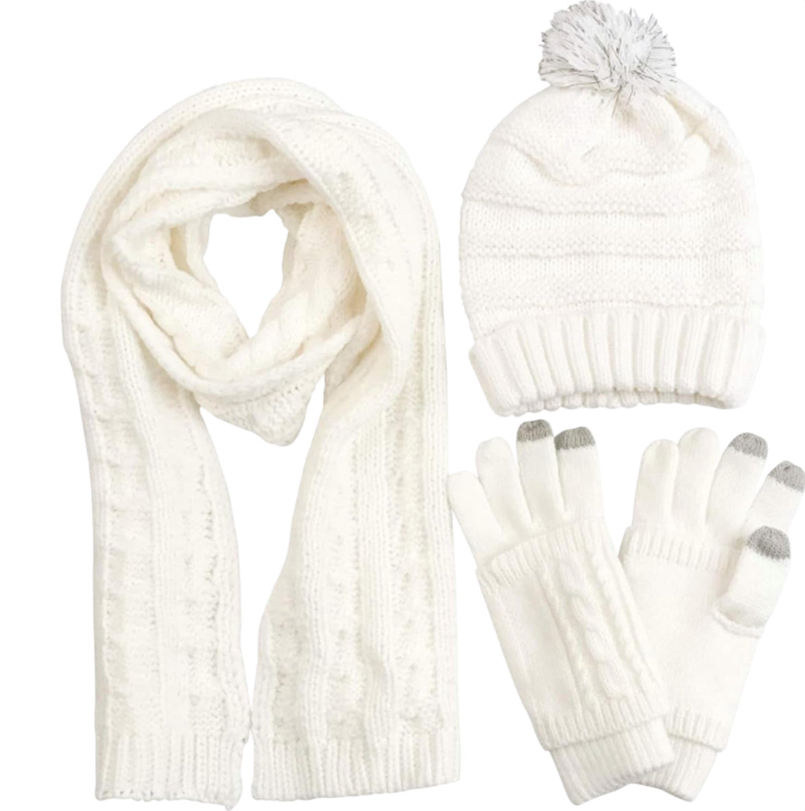 Scarf Hat Glove Sets Cable Knit Winter Gift Set Pompom Hat Touch Screen Gloves Long Scarf 3Pcs Cold Weather Warm Set for Women Girls