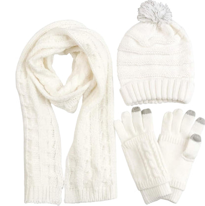 Scarf Hat Glove Sets Cable Knit Winter Gift Set Pompom Hat Touch Screen Gloves Long Scarf 3Pcs Cold Weather Warm Set for Women Girls
