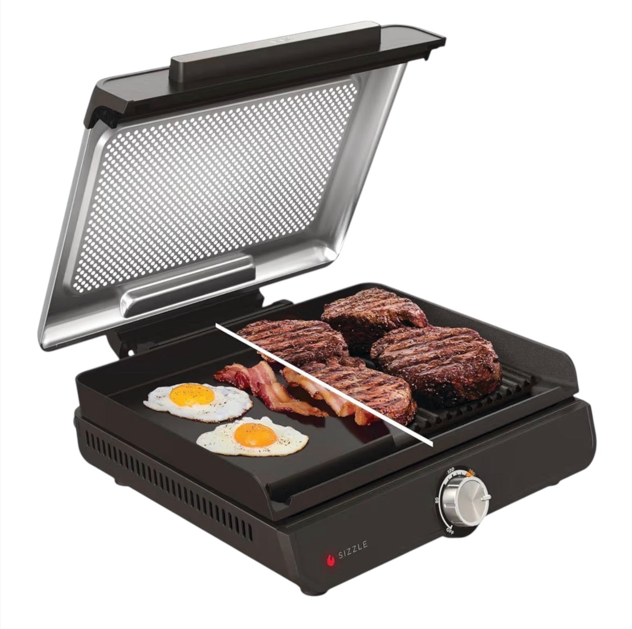 Sizzle Low Smoke Electric Indoor Grill & Flat Plate, 1460W, with Non-Stick Grill Plate & Flat Top Plate, Detachable Dishwasher Safe Lid, Grease Catch & Recipe Guide, Grey GR101UK