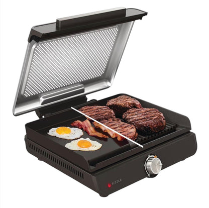 Sizzle Low Smoke Electric Indoor Grill & Flat Plate, 1460W, with Non-Stick Grill Plate & Flat Top Plate, Detachable Dishwasher Safe Lid, Grease Catch & Recipe Guide, Grey GR101UK