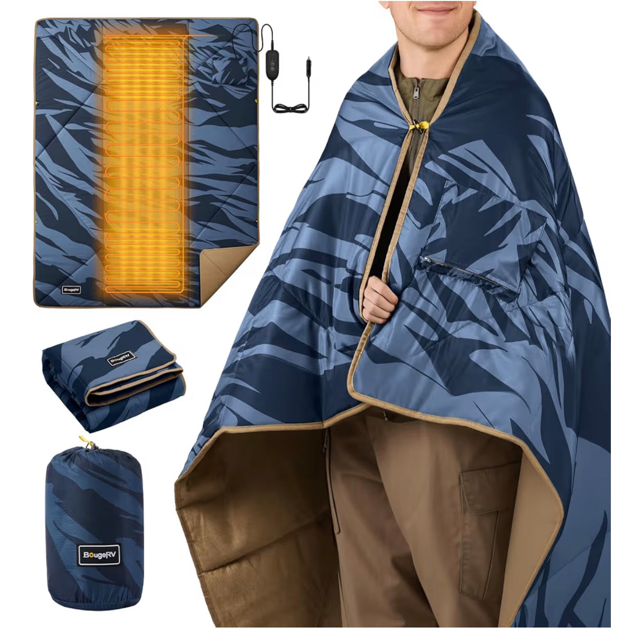 BougeRV 12V Heated Blanket, Electric Car Blanket, 5 Heat Levels, Auto Shutoff, APP Control, 180*130cm, Waterproof, Portable Heated Throw for Truck, SUV, Camping & Travel, Blue (Battery Not Included)