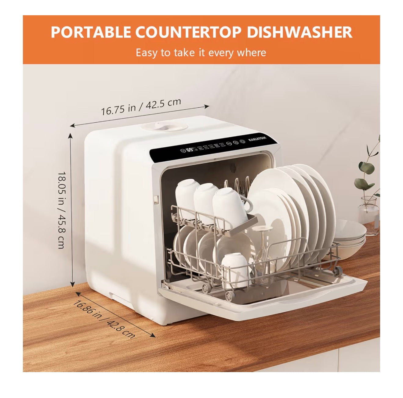 Karlxtom Table Top Dishwasher 6 Programs Mini Dishwasher with Touch Control, Auto-drying, Baby Care & Fruit Wash, Perfect for Small Families, Couples