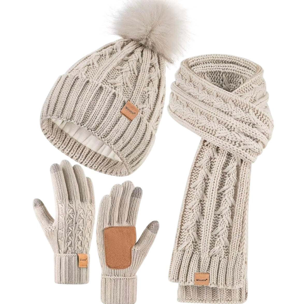 Hat Scarf and Gloves Set Ladies, Winter Beanie Hat for Women with Pom Pom Fleece Lined Warm, Bobble Hat Touchscreen Gloves Women Scarf Neck Warmer 3 in 1 Cold Weather Set