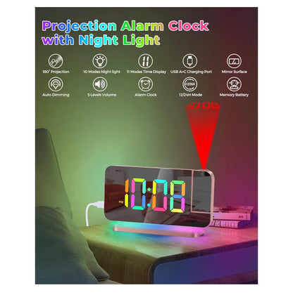 SZELAM Projection Alarm Clock,7.4 in LED Mirror Digital Clocks Projection on Ceiling Wall,with RGB Night Light,USB C Charging Port,Auto Dimming,Modern Desk Clock for Bedroom Decor - Rose Gold