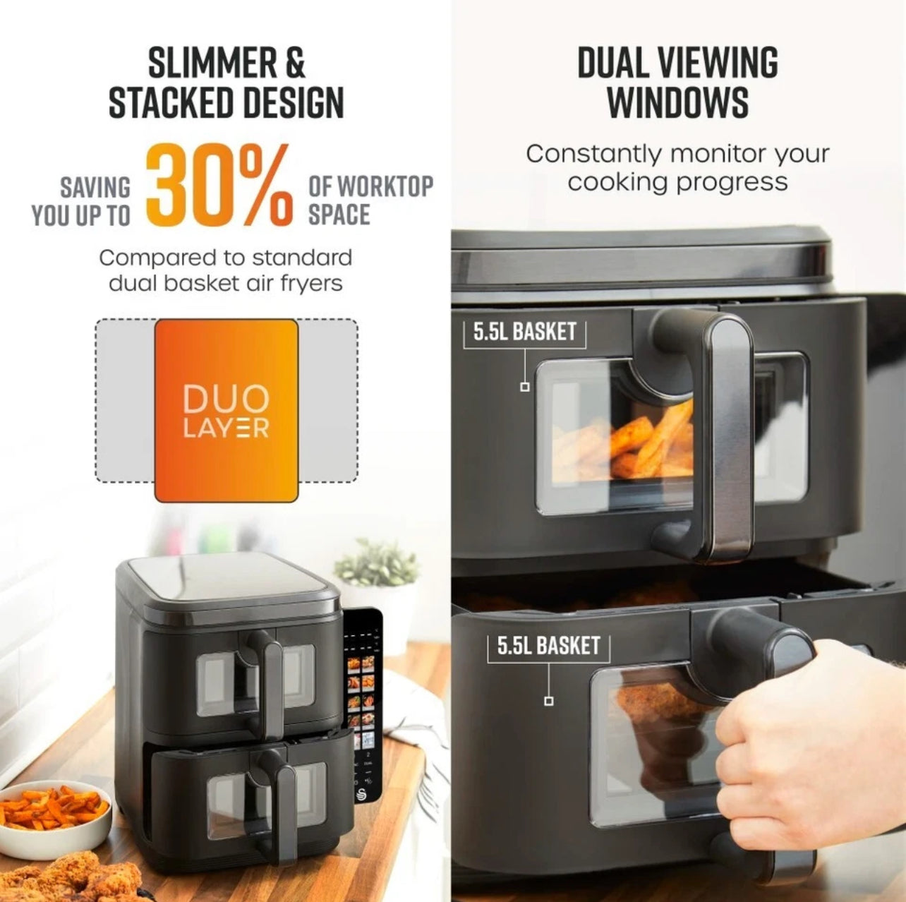 SWAN Twin Stack Air Fryer 11L 2 X 5.5L Baskets Space-Saving Design SD10522BLK