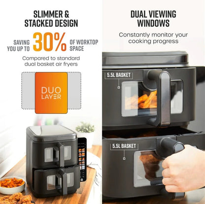 SWAN Twin Stack Air Fryer 11L 2 X 5.5L Baskets Space-Saving Design SD10522BLK