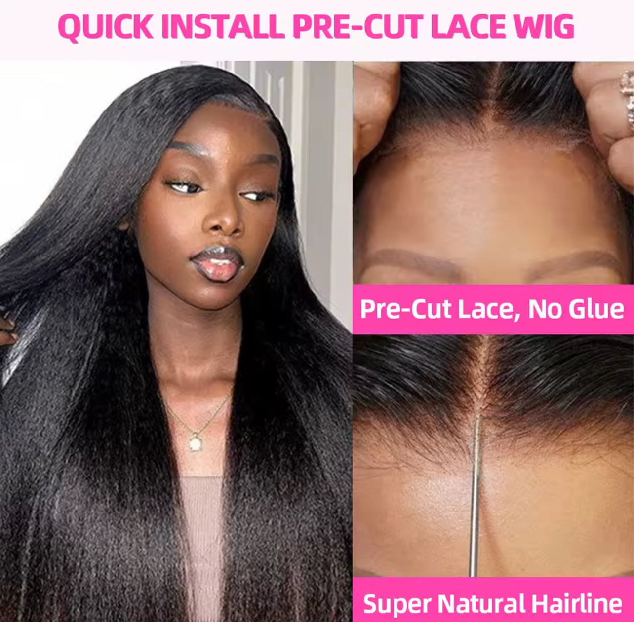 250% Density Kinky Straight Glueless Wig – 13x6 HD Lace Front, Yaki Straight, Human Hair, 30–36 Inch, Ready to Wear