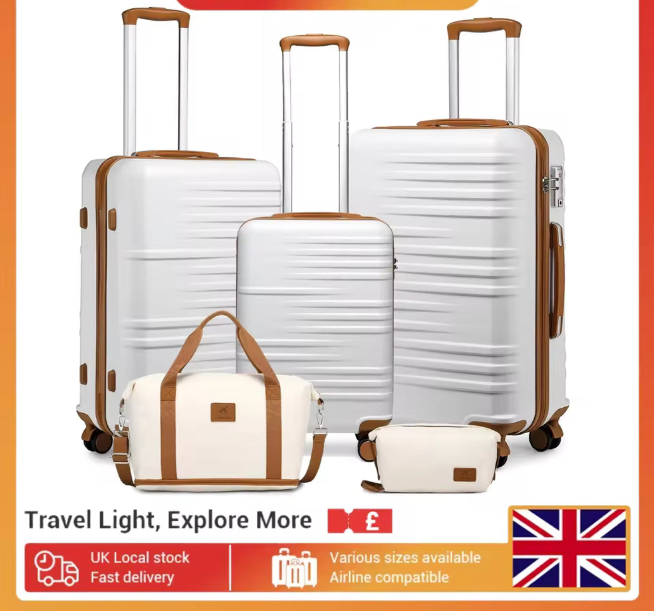 British Traveller Lightweight Hard Shell Luggage Set – 20”, 24”, 28” Trolley Suitcases with TSA Lock & Spinner Wheels