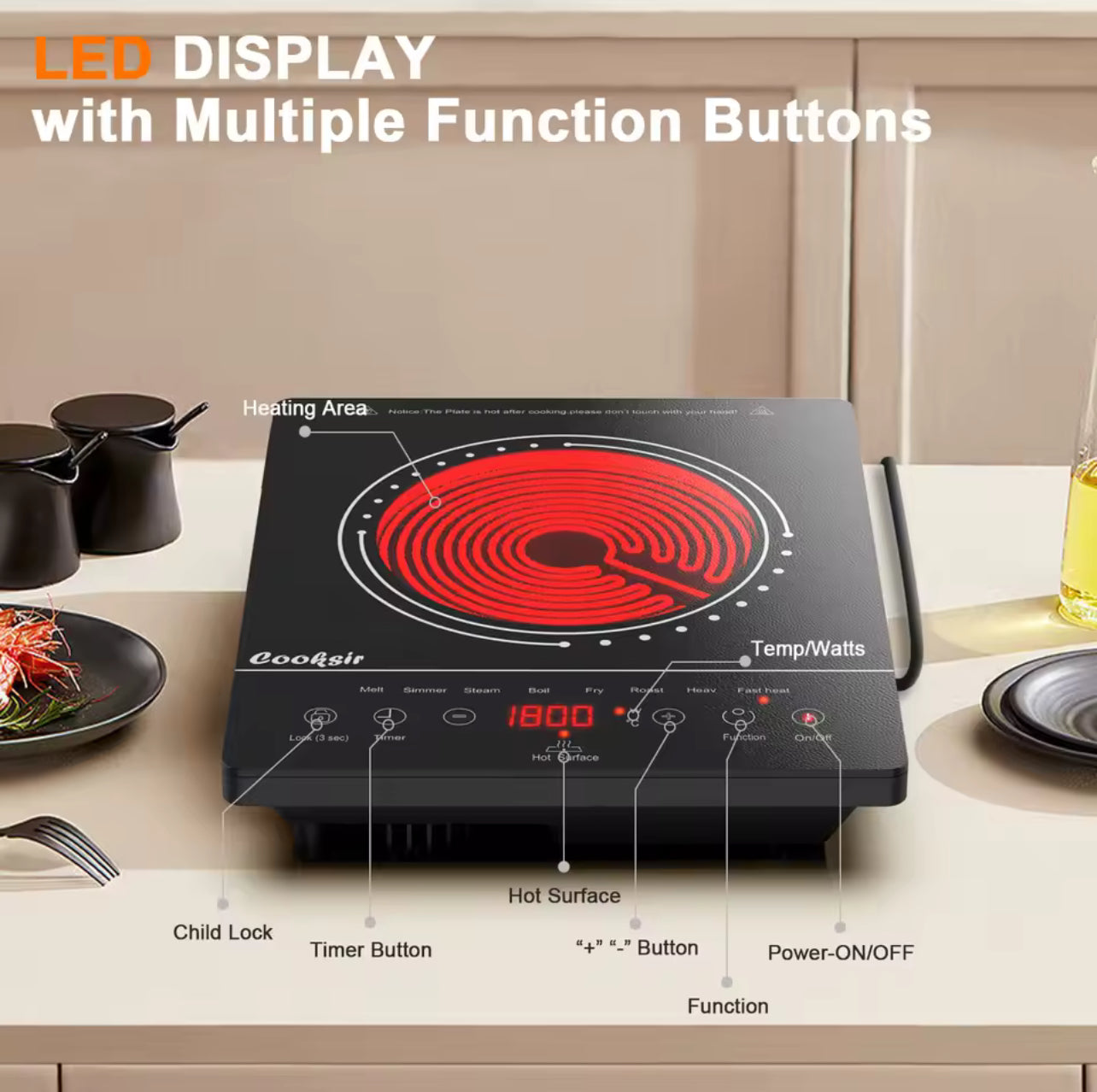 Cooksir Portable Single Electric Ceramic Hob – 2000W, LED Touch Screen, 4-Hour Timer, Safety Lock, Residual Heat Indicator