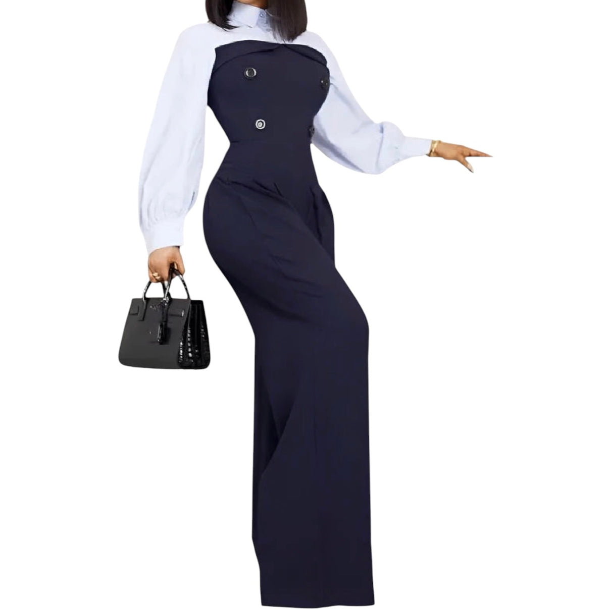 Freeacy Urban Women’s Work Suit Jumpsuit – Lapel Collar, High Waist, Wide Leg, Floor-Length Elegance