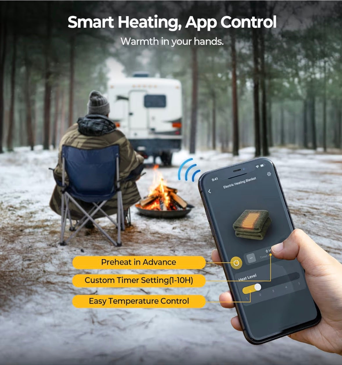 BougeRV 12V Heated Blanket, Electric Car Blanket, 5 Heat Levels, Auto Shutoff, APP Control, 180*130cm, Waterproof, Portable Heated Throw for Truck, SUV, Camping & Travel, Blue (Battery Not Included)