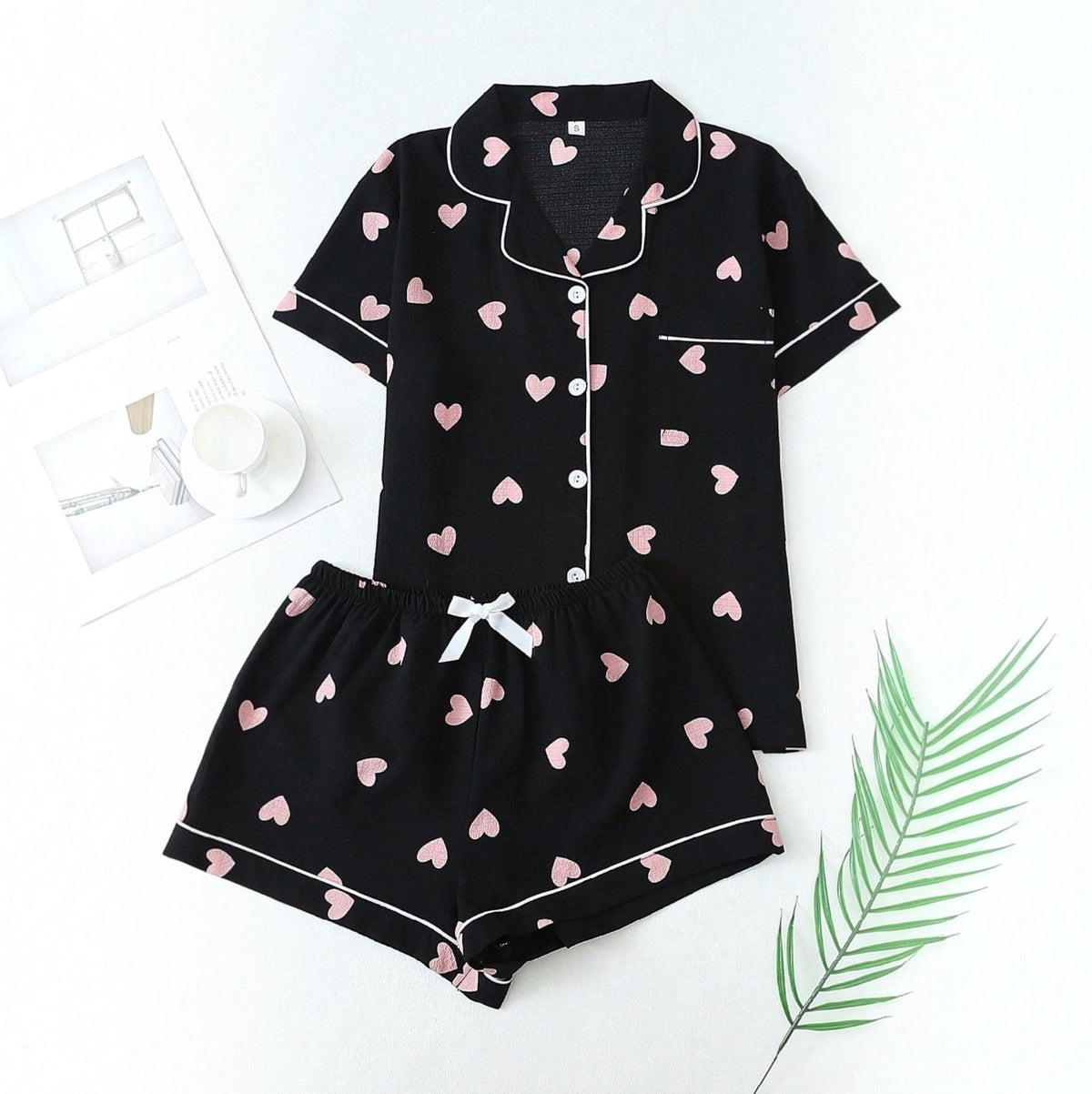 Women’s Black Heart Print Two Piece Set | Blouse and Bow Shorts