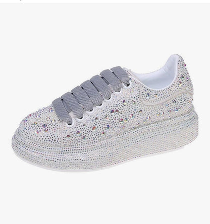 Ulalaza Women's Rhinestone Thick Shoes Sweet Bling Fashionable Casual Sports Comfortable for Wedding Party PU Platform Dress Shiny Tennis Sneakers