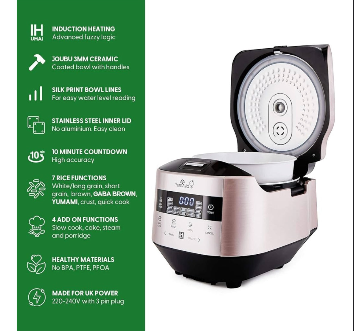 Yum Asia Bamboo Rice Cooker with Induction Heating (IH) and Ceramic Bowl, 7 Rice Cooking Functions, 4 Multicooker Functions, Motouch LED Display (1.5L) 220-240V UK/EU Power (Champagne Rose and Black)