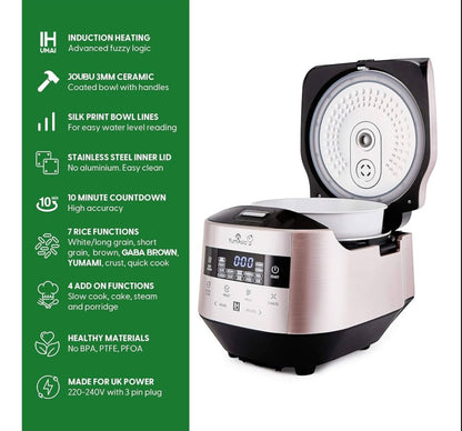 Yum Asia Bamboo Rice Cooker with Induction Heating (IH) and Ceramic Bowl, 7 Rice Cooking Functions, 4 Multicooker Functions, Motouch LED Display (1.5L) 220-240V UK/EU Power (Champagne Rose and Black)