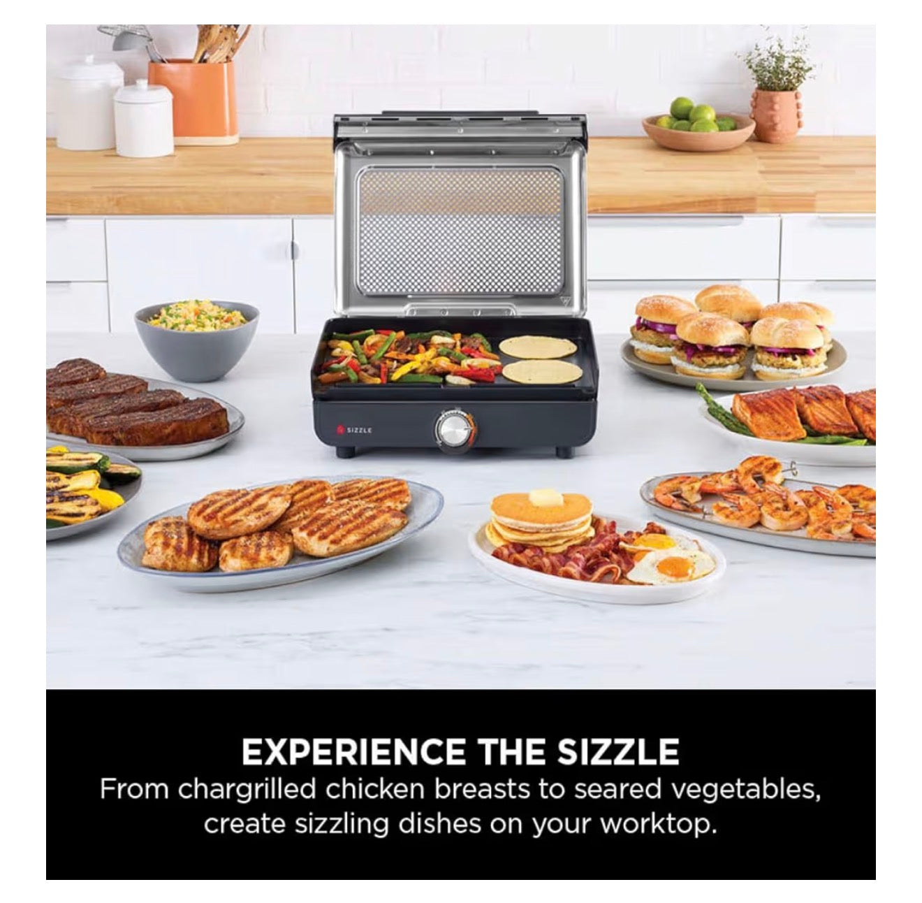 Sizzle Low Smoke Electric Indoor Grill & Flat Plate, 1460W, with Non-Stick Grill Plate & Flat Top Plate, Detachable Dishwasher Safe Lid, Grease Catch & Recipe Guide, Grey GR101UK
