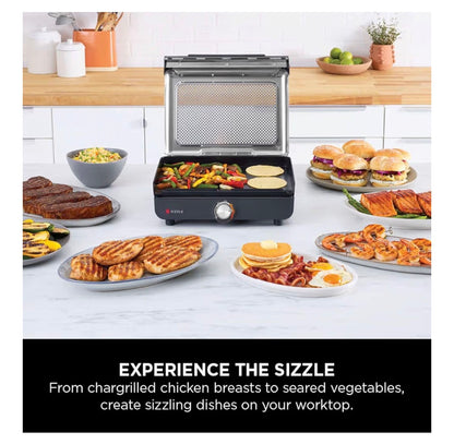 Sizzle Low Smoke Electric Indoor Grill & Flat Plate, 1460W, with Non-Stick Grill Plate & Flat Top Plate, Detachable Dishwasher Safe Lid, Grease Catch & Recipe Guide, Grey GR101UK