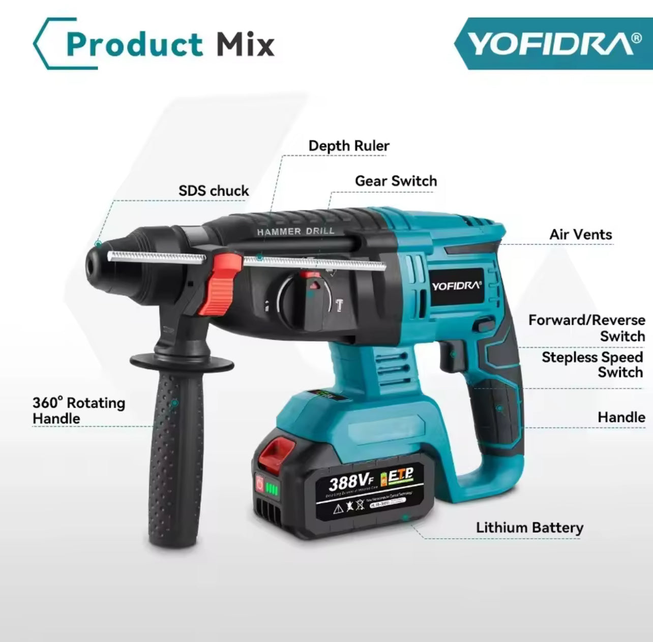 YOFIDRA 26mm Brushless Electric Hammer Drill – Cordless Multifunctional Rotary Tool, Rechargeable, Compatible with Makita Batteries