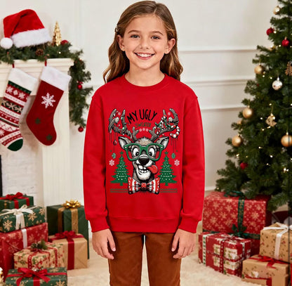 XJUERAA Christmas Sweatshirt for Boys Girls Xmas Jumper Kids Long Sleeve Santa Claus Unisex Tops Reindeer Christmas Car T-Shirts Winter Casual Pullover Children Gift Clothes Age 7-11 Years