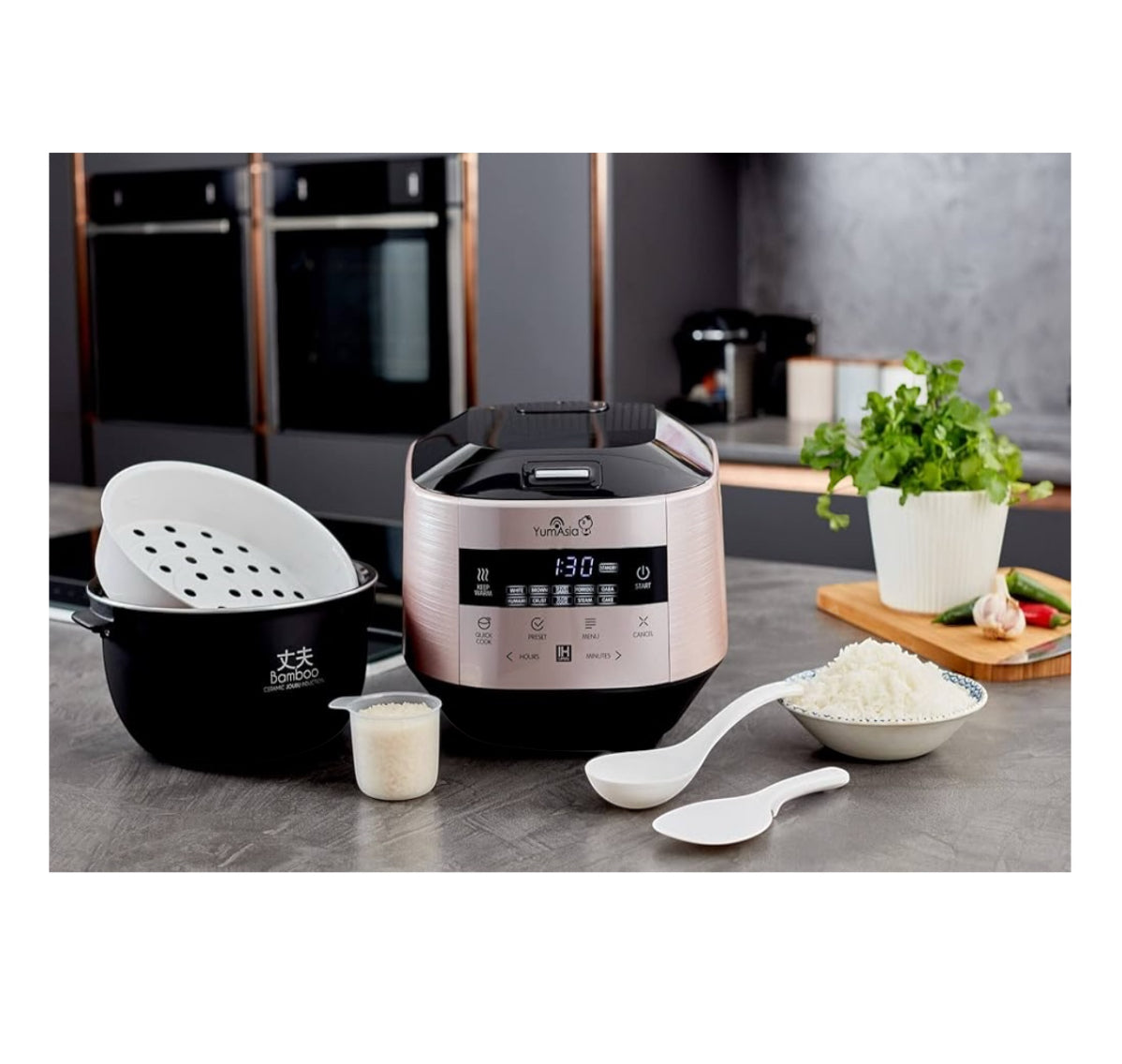 Yum Asia Bamboo Rice Cooker with Induction Heating (IH) and Ceramic Bowl, 7 Rice Cooking Functions, 4 Multicooker Functions, Motouch LED Display (1.5L) 220-240V UK/EU Power (Champagne Rose and Black)
