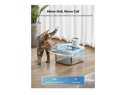 DownyPaws Wireless Cat Water Fountain for Drinking, 2.5L Battery-Operated Cat Water Fountain Cordless with Motion Sensor, 4000 mAh, Quiet Water Pump and Stainless Steel Tray for Cats, White