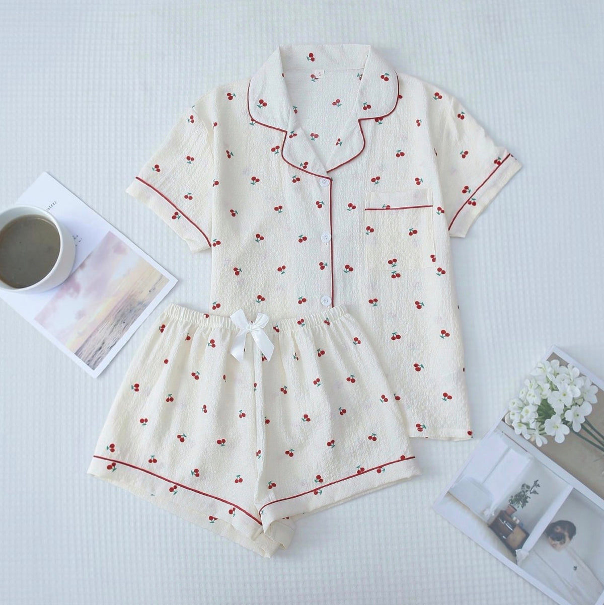 Women’s Cherry Print Pyjama Set | Button Up Top and Bow Shorts