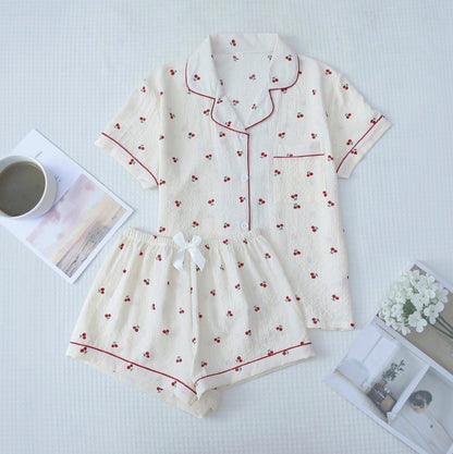 Women’s Cherry Print Pyjama Set | Button Up Top and Bow Shorts