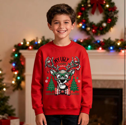 XJUERAA Christmas Sweatshirt for Boys Girls Xmas Jumper Kids Long Sleeve Santa Claus Unisex Tops Reindeer Christmas Car T-Shirts Winter Casual Pullover Children Gift Clothes Age 7-11 Years