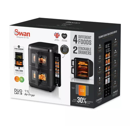 SWAN Twin Stack Air Fryer 11L 2 X 5.5L Baskets Space-Saving Design SD10522BLK