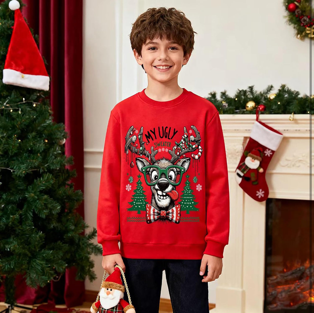 XJUERAA Christmas Sweatshirt for Boys Girls Xmas Jumper Kids Long Sleeve Santa Claus Unisex Tops Reindeer Christmas Car T-Shirts Winter Casual Pullover Children Gift Clothes Age 7-11 Years