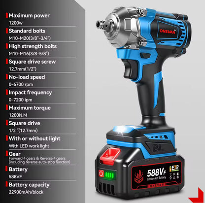 ONEVAN 1200N·m Brushless Electric Impact Wrench – 1/2 Inch Cordless Power Tool, Compatible with Makita 18V Battery