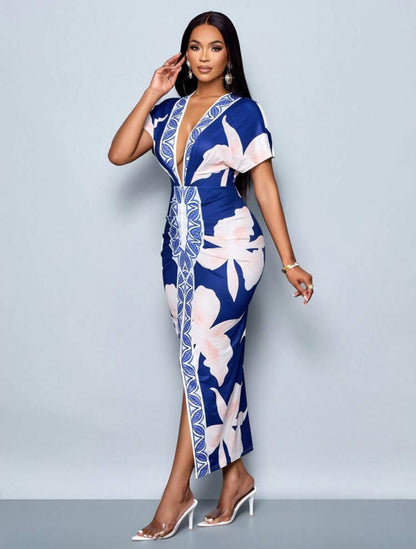 SOLERSUN Spring/Summer 2025 Luxury Floral Print V-Neck Dress – Gathered Waist, Long Blue Elegant Commuter Style