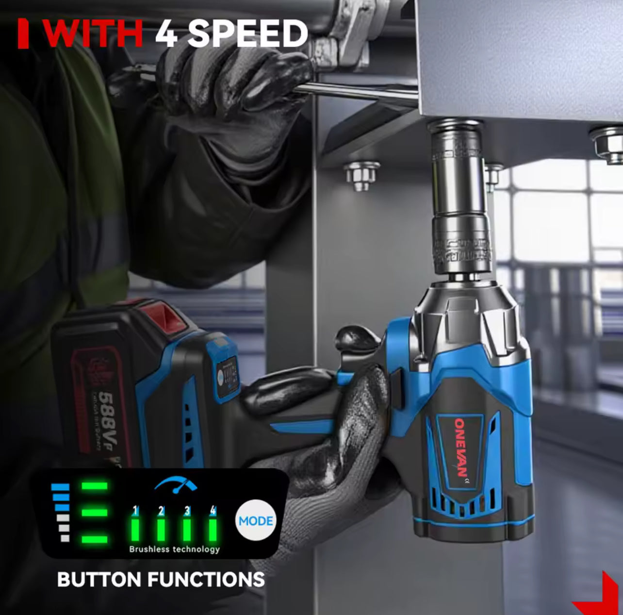 ONEVAN 1200N·m Brushless Electric Impact Wrench – 1/2 Inch Cordless Power Tool, Compatible with Makita 18V Battery