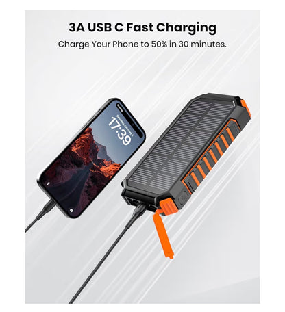 27000mAh-Solar-Charger-Power-Bank - Riapow USB C Portable Solar Charger with 3 Cables & 3 USB Output Ports, Dual Flashlight External Battery Pack for Smartphones, Tablets and More
