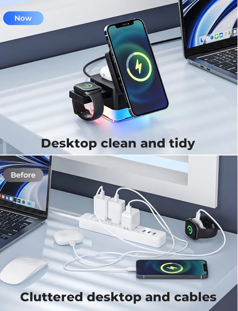 4 in 1 Wireless Charging Station for Apple with Night Light, Foldable 3 in 1 Iphone/Watch/AirPods Charger Stand 15W (6.8 * 6.8 * 6.8cm)